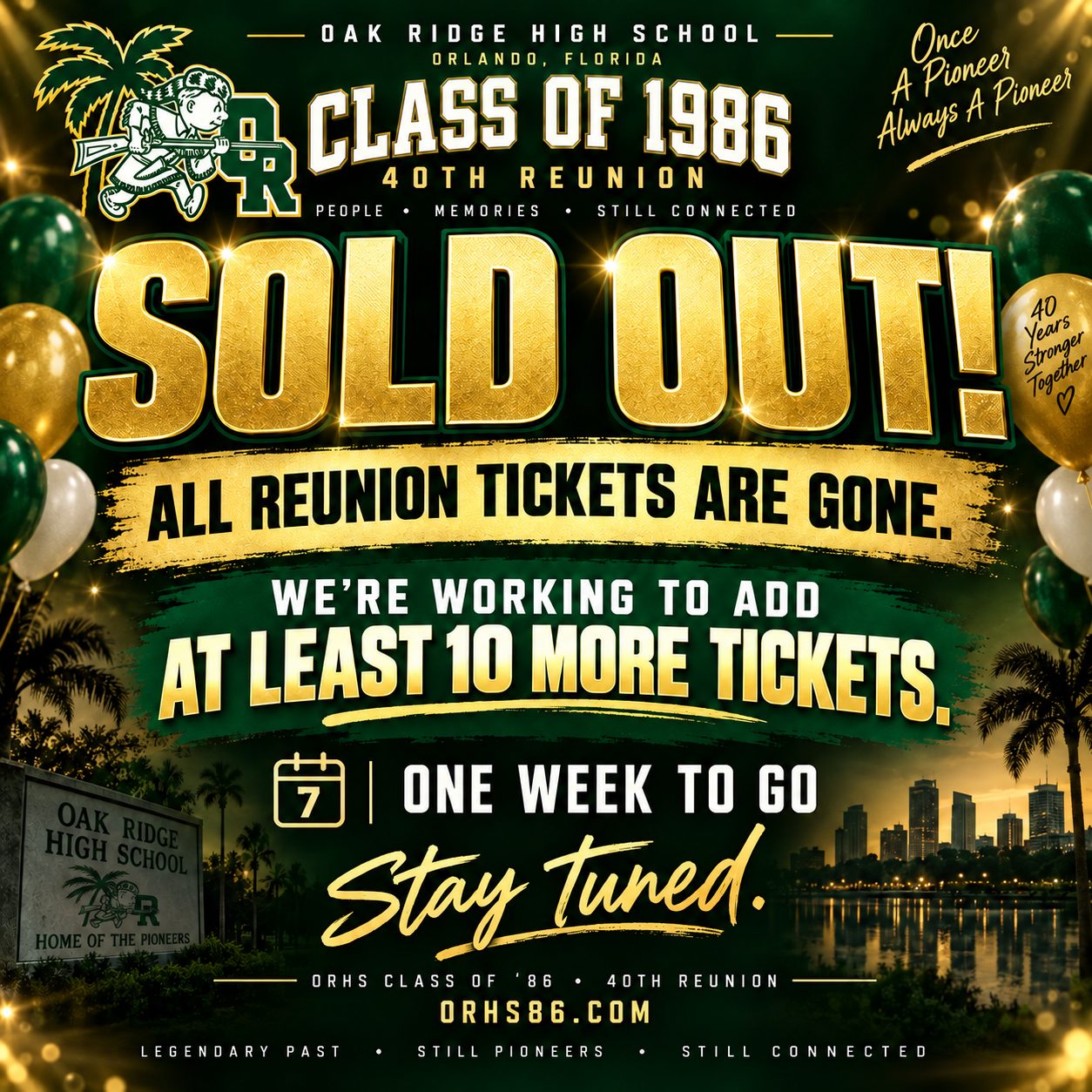 SOLD OUT — All ORHS Class of '86 40th Reunion tickets are gone. We're working to add at least 10 more tickets. One week to go. Stay tuned.
